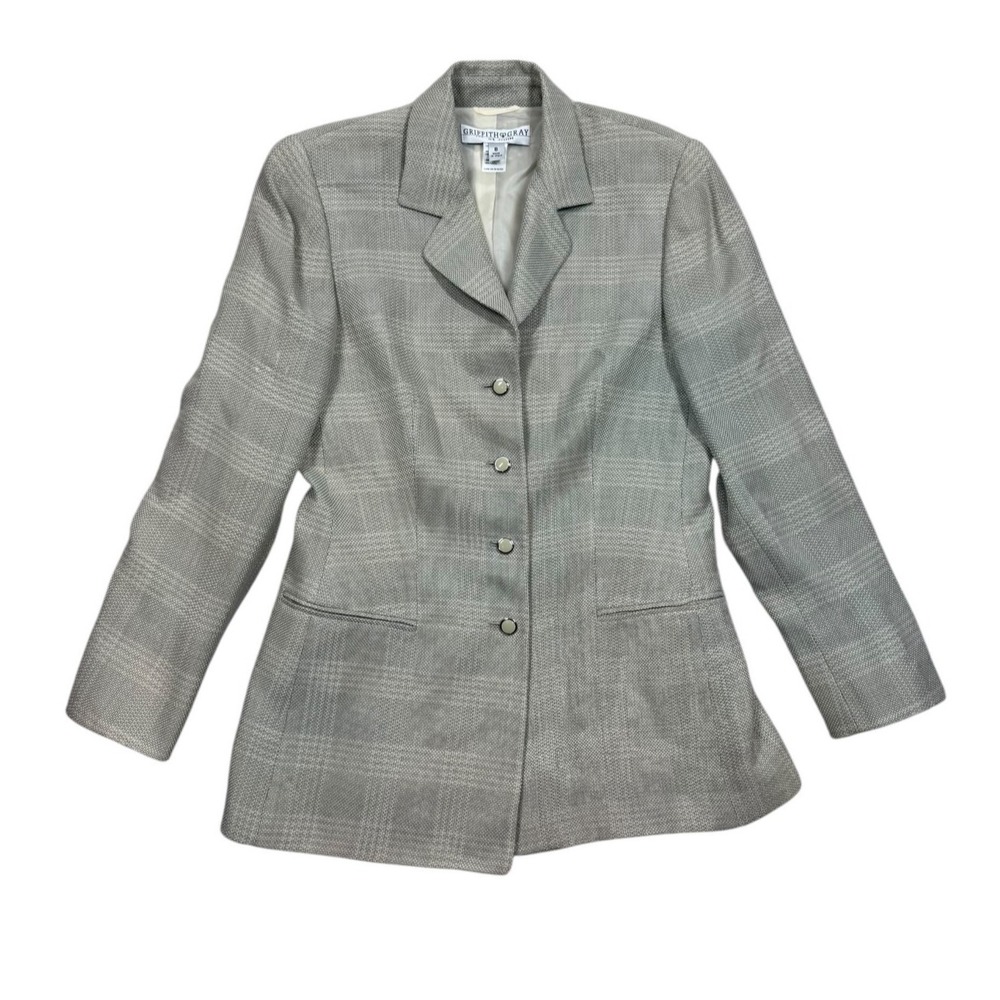 Griffith Gray for St. John Womens Gray Button Up Plaid Blazer Size 8 READ